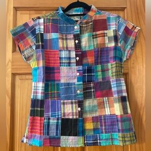 Vintage 80s Rosettes Madras Patchwork Blouse Tie Back Cotton Cottagecore Top S